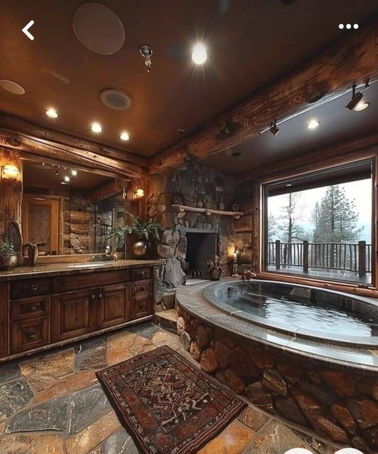 Luxurious Log Cabin Bathroom with Natural Stone Spa