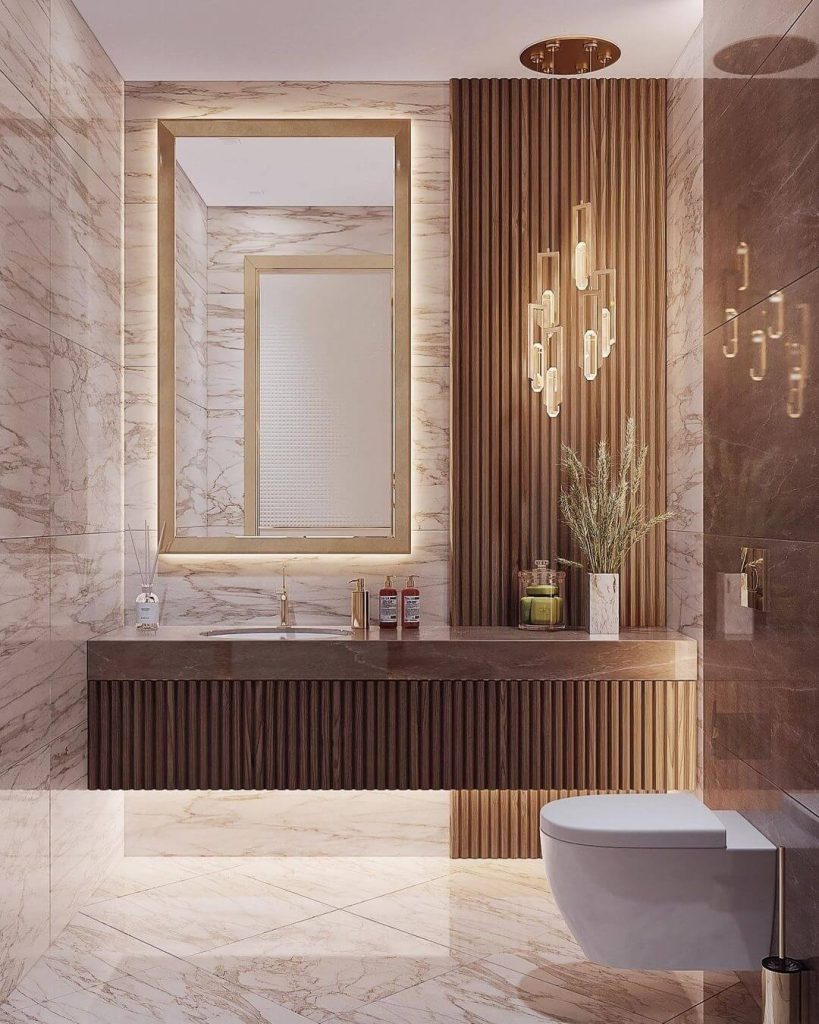 Luxurious Marble and Wood Accented Guest Bathroom