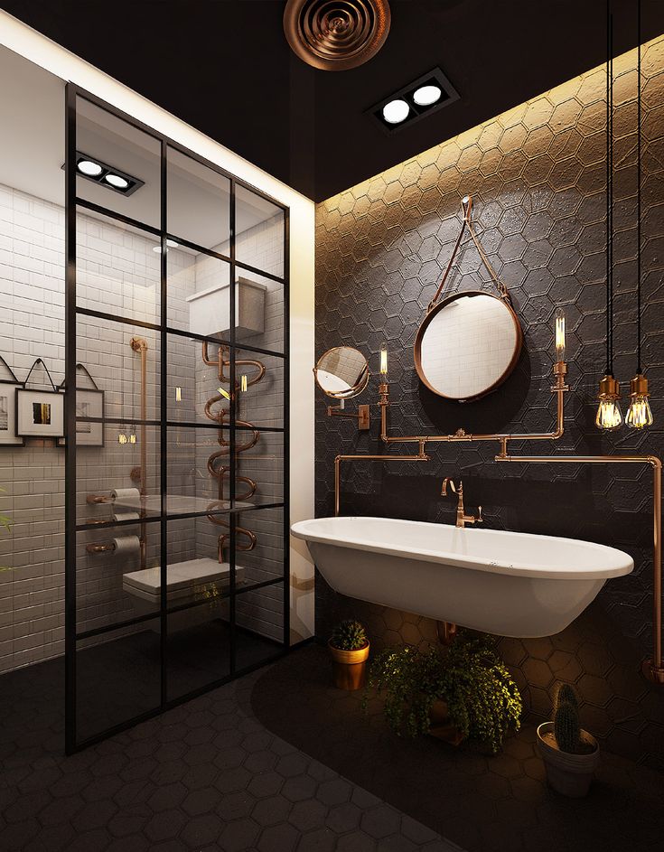 Luxury Industrial Bathroom with Copper Accents