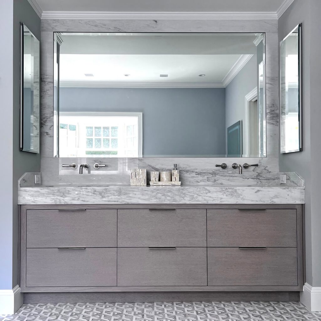 Marble-Topped Gray Vanity with Large Mirror