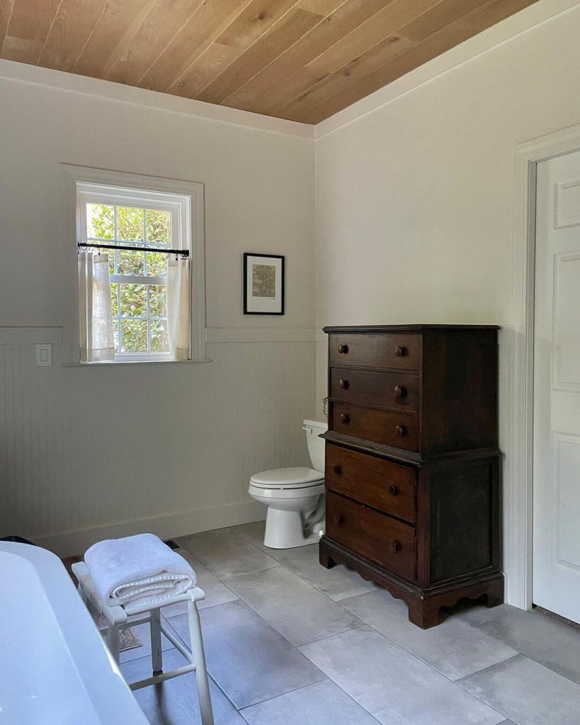 Minimalist Beadboard Wainscoting with Natural Wood Ceiling