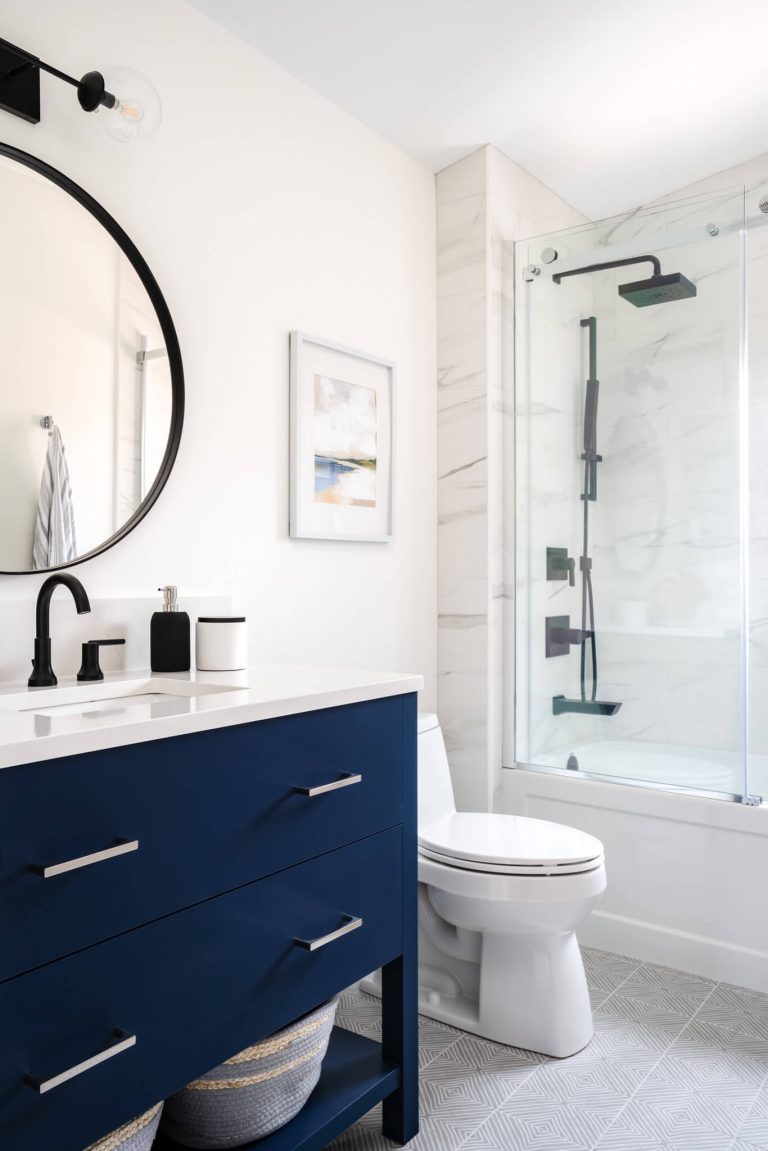 Minimalist Blue Vanity with Black Fixtures