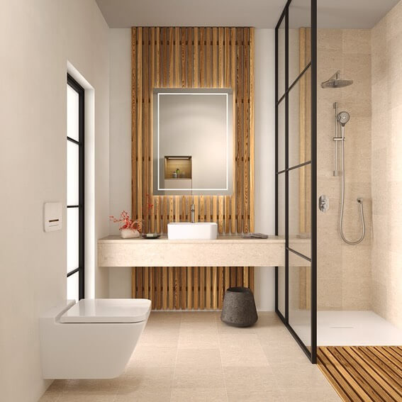 Minimalist Guest Bathroom with Natural Wood Elements