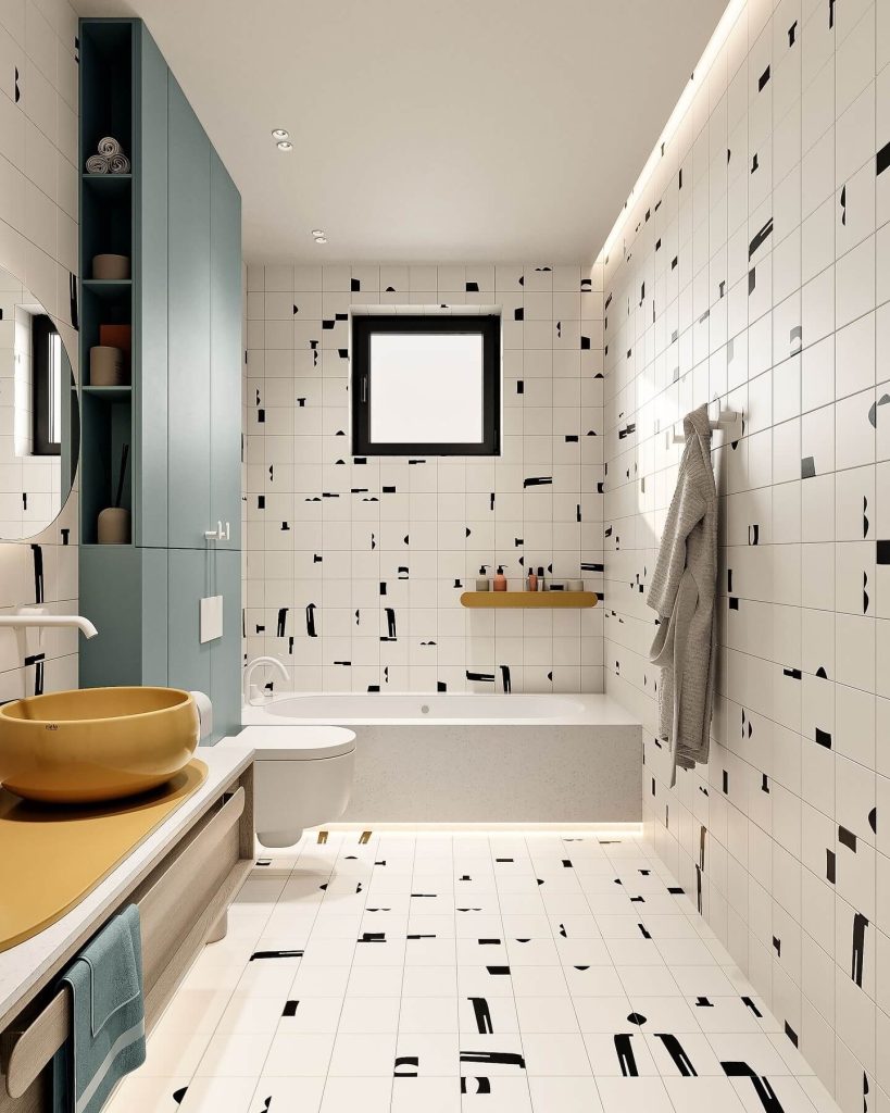 Minimalist Kids Bathroom with Geometric Patterns