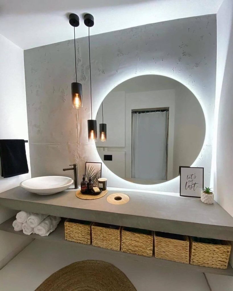 Minimalist Round Mirror with Hanging Lights