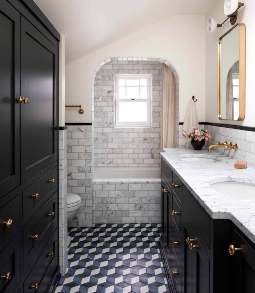 Modern Black and White Bathroom with Geometric Floor