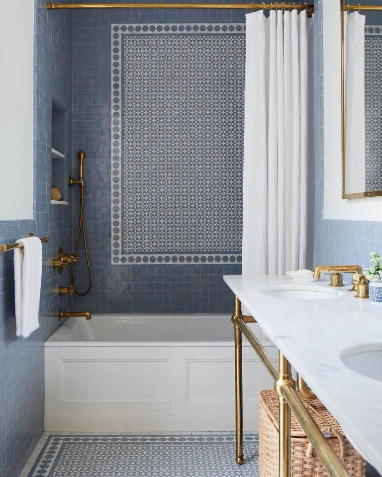 Modern Blue Bathroom with Geometric Tiles and Floating Vanity