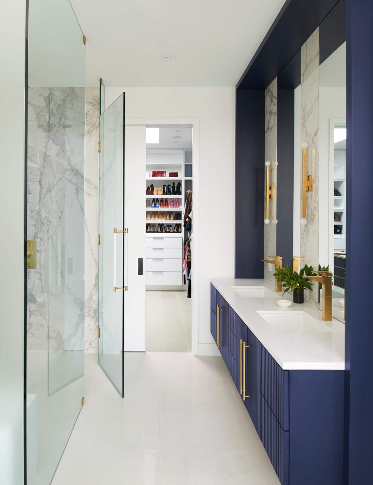 Modern Double Vanity with Blue Cabinetry