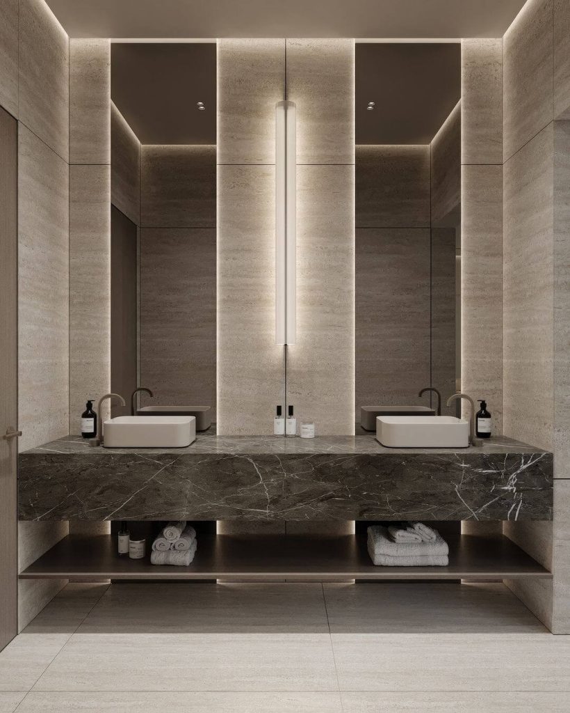 Modern Dual Sink Guest Bathroom with Ambient Lighting