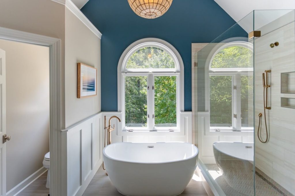 Modern Farmhouse Blue Bathroom with High Ceiling