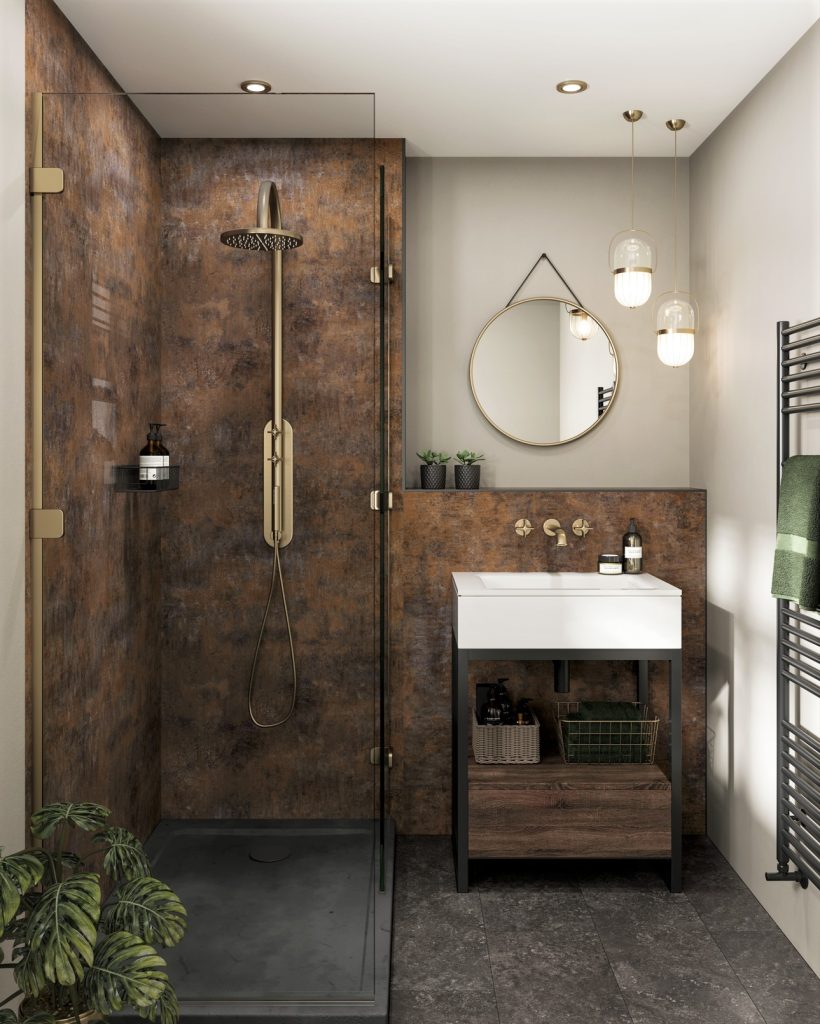 Modern Industrial Rustic Bathroom with Brass Accents