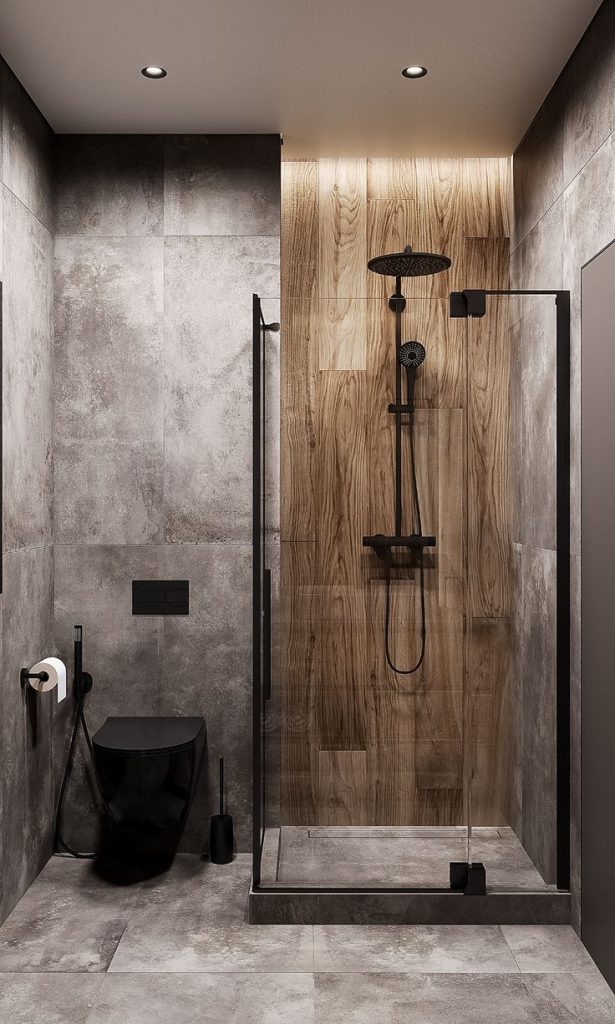 Modern Industrial Shower with Wooden Accent