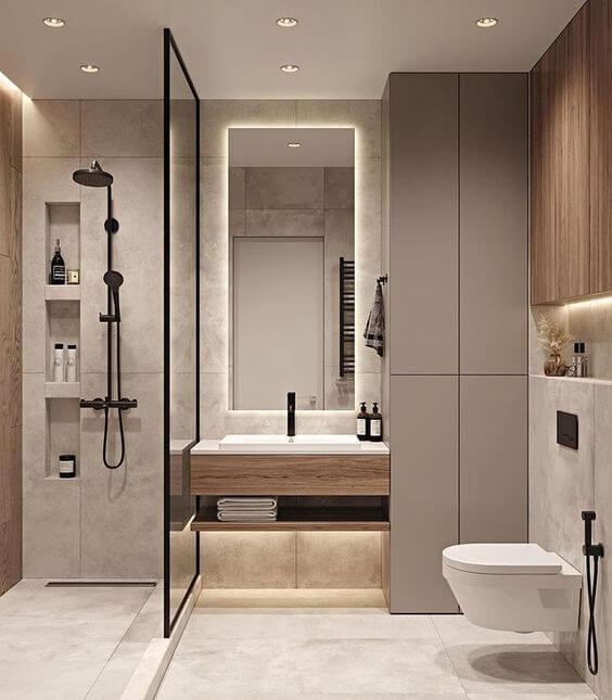 Modern Neutral-Toned Bathroom with Illuminated Vanity