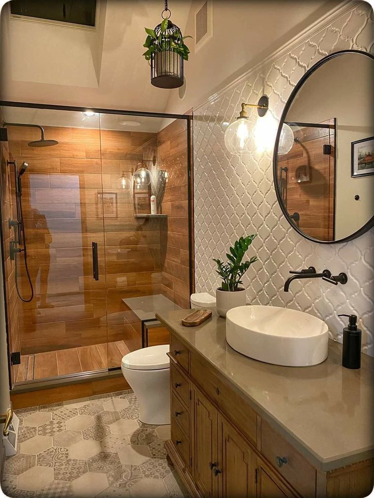 Modern Rustic Bathroom with Warm Wood and Geometric Tiles