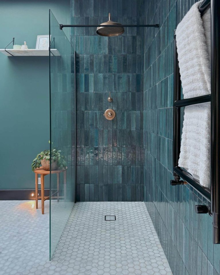 Moody Blue Shower Room with Vertical Tiles