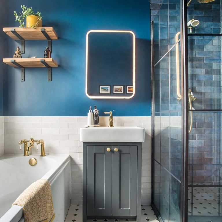 Moroccan-Inspired Blue Bathroom with Brass Accents