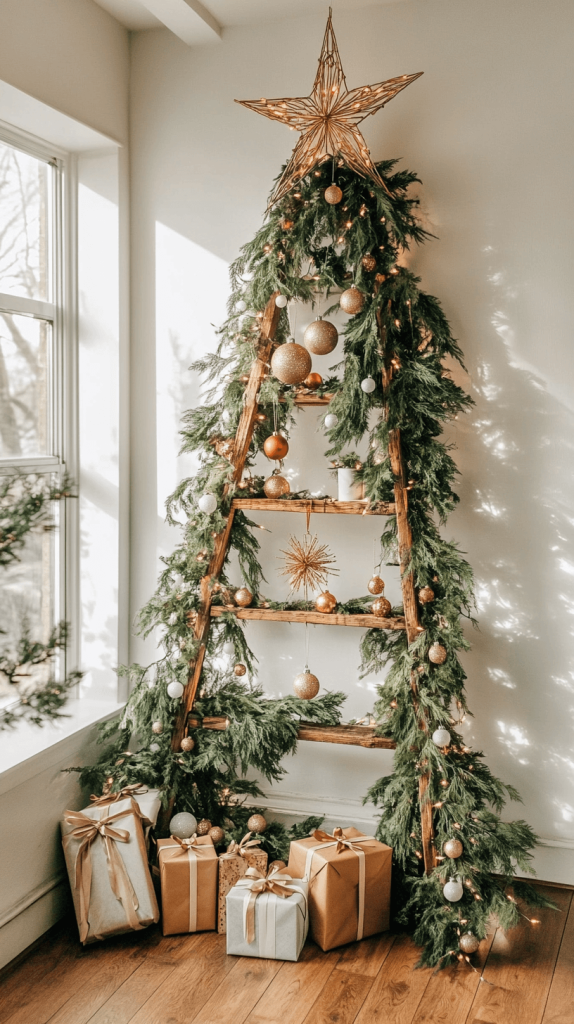 Natural Ladder Christmas Tree with Greenery and Ornaments