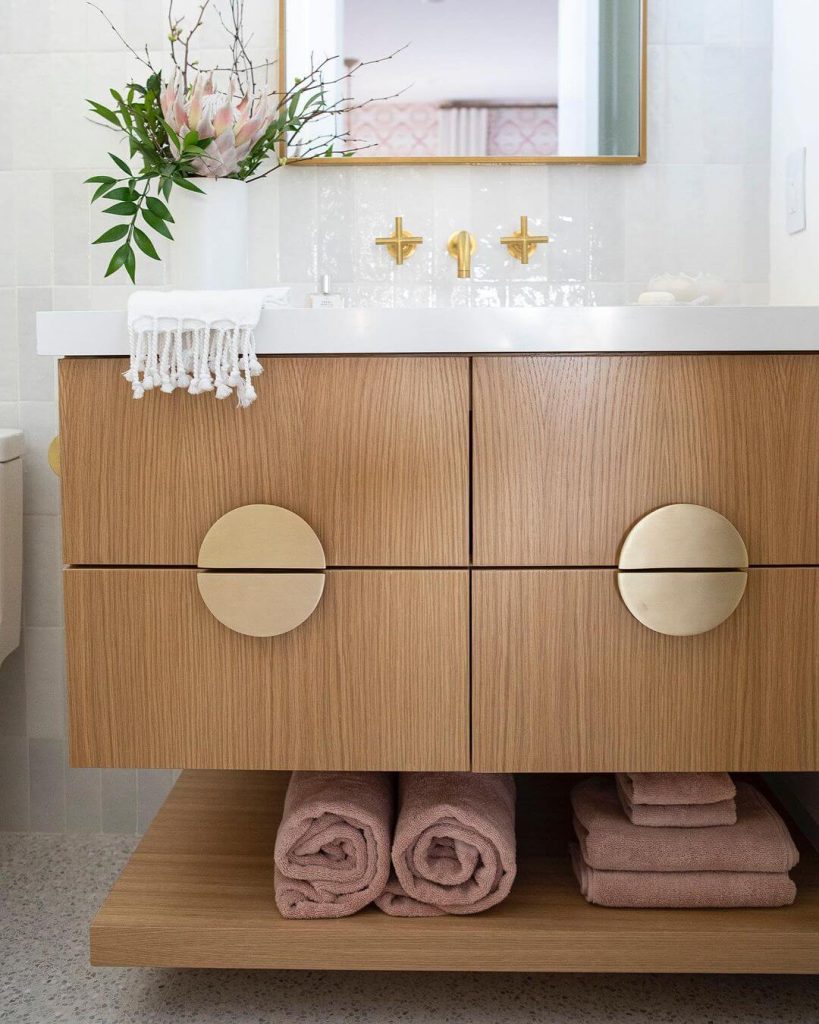 Natural Wood Vanity with Brass Accents