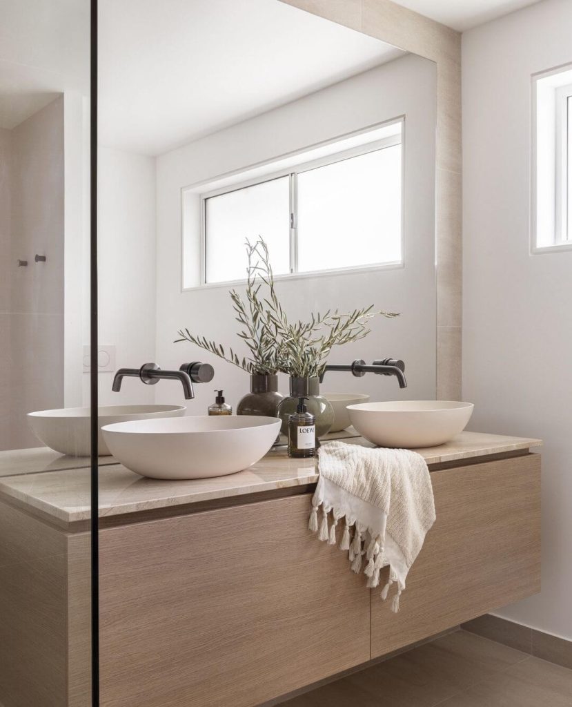 Natural Wood Vanity with Earthy Decor