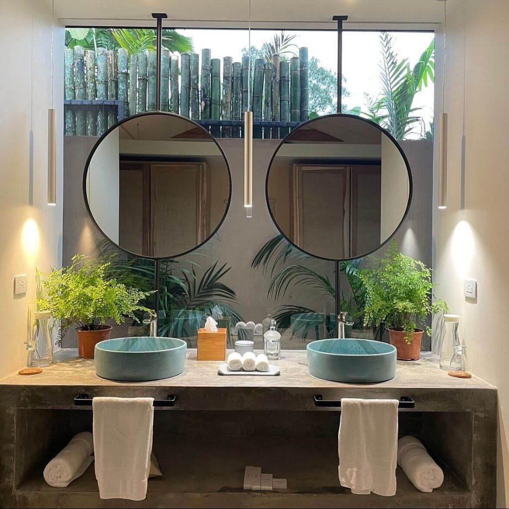 Nature-Inspired Bathroom with Double Mirrors and Greenery