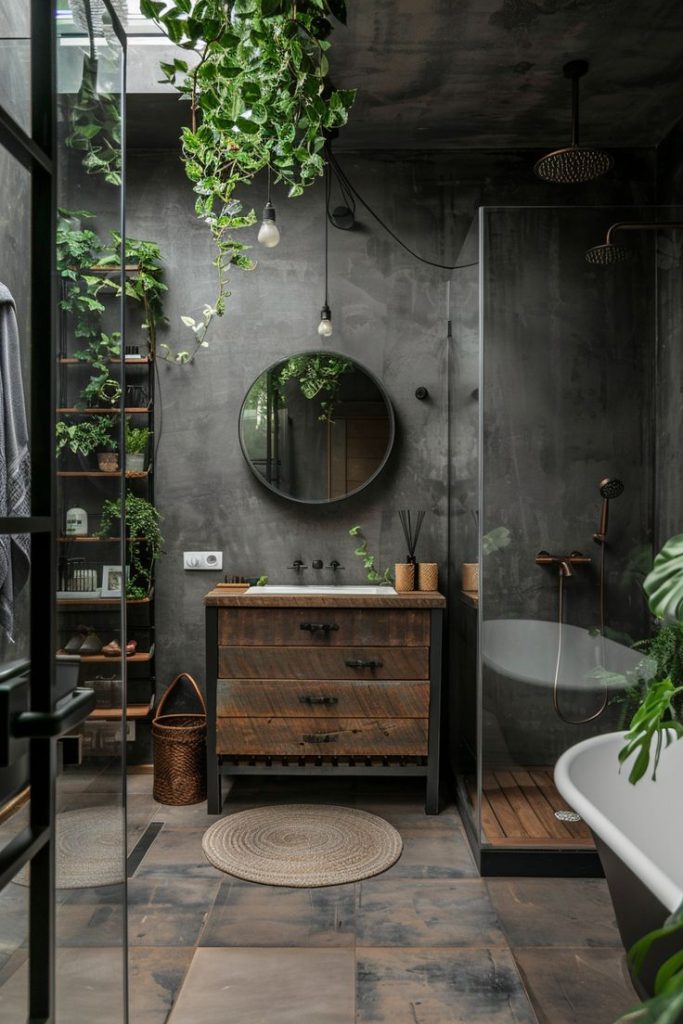 Nature-Inspired Industrial Bathroom with Plants