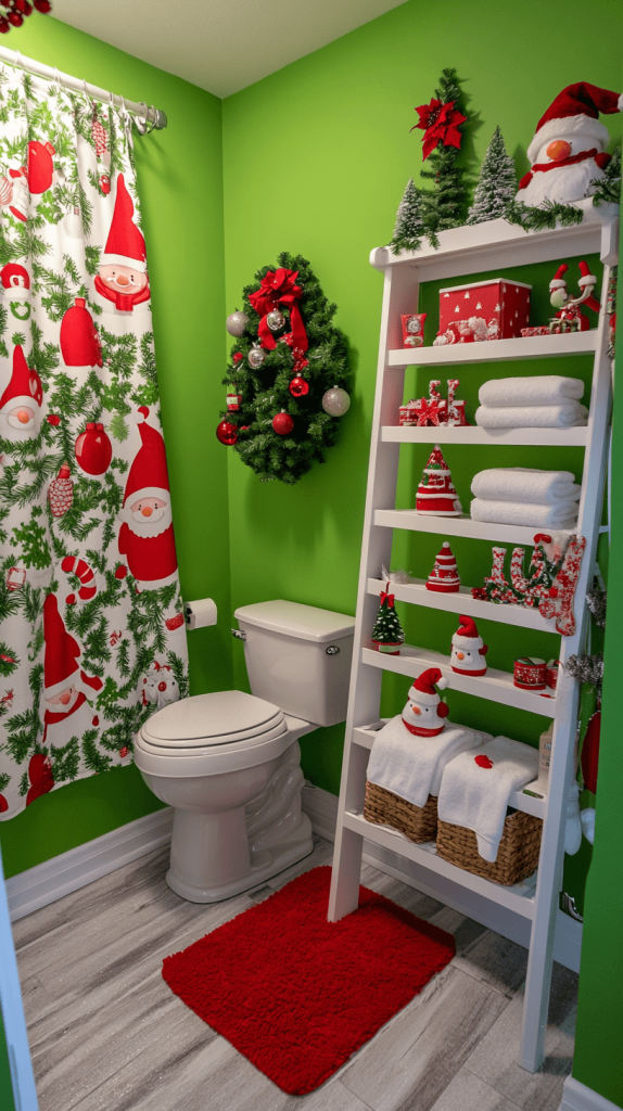 Playful Santa-Themed Bathroom with Bright Green Walls