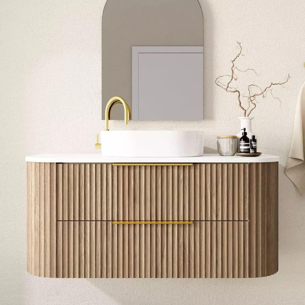 Ribbed Wood Vanity with Brass Accents