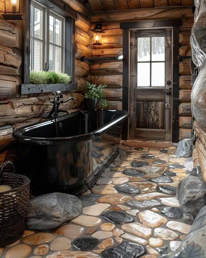 Rustic Black Tub with Stone Floor Accents