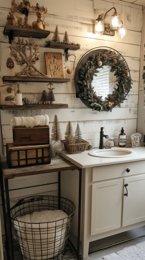 Rustic Christmas Bathroom with Wreath and Gold Decorations