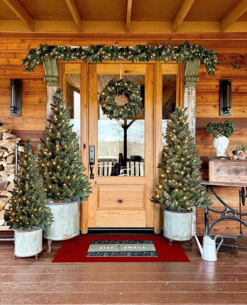 Rustic Christmas Entryway with Lit Trees