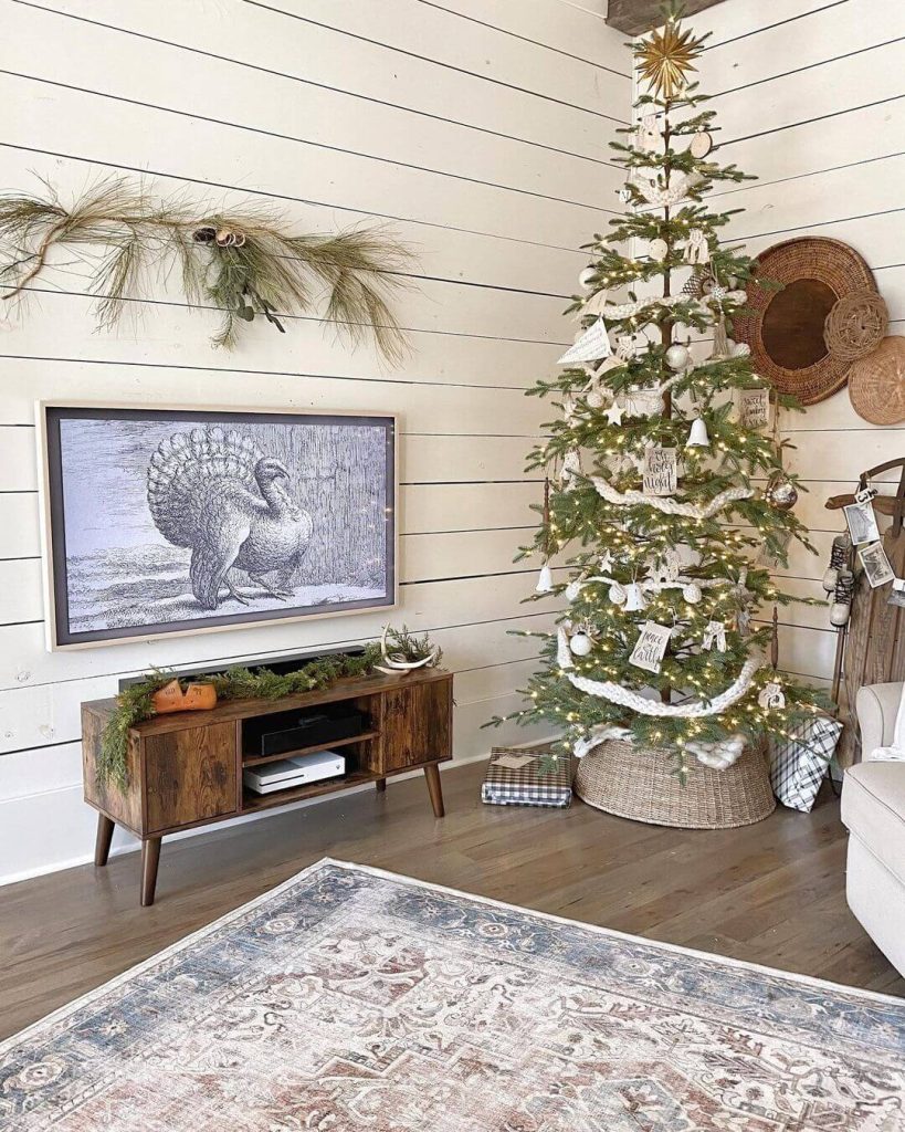 Rustic Christmas TV Stand with Natural Accents