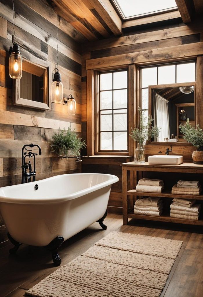 Rustic Elegance with a Freestanding Tub and Skylight