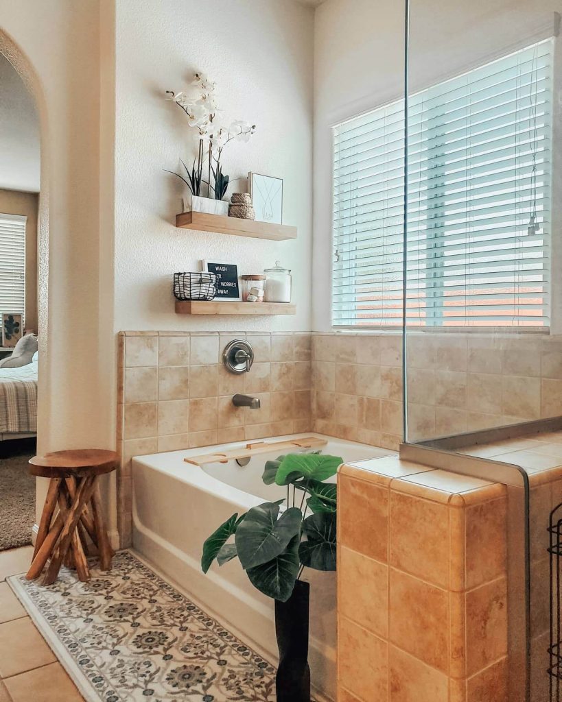 Rustic Floating Shelves Above the Tub