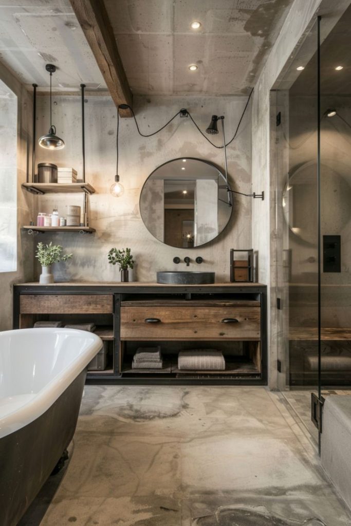 Rustic Industrial Bathroom with Exposed Beams