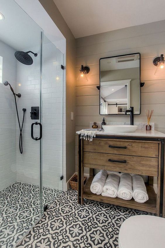 Rustic Industrial Bathroom with Patterned Tiles