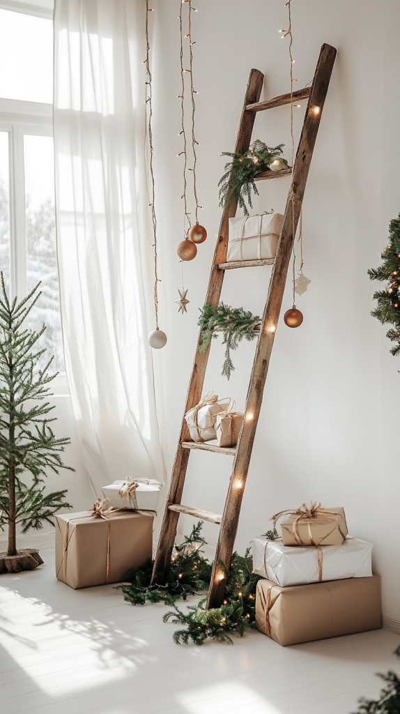 Rustic Ladder with Gifts and Greenery