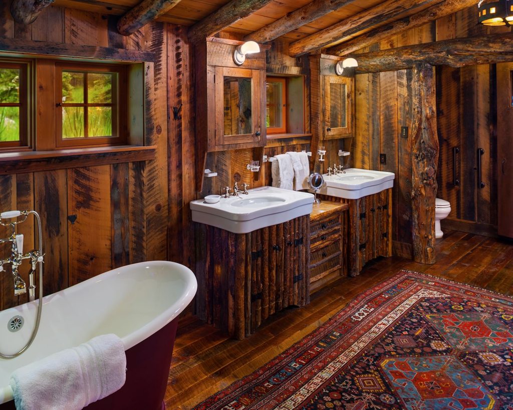 Rustic Log Cabin Bathroom with Warm Wood and Natural Light