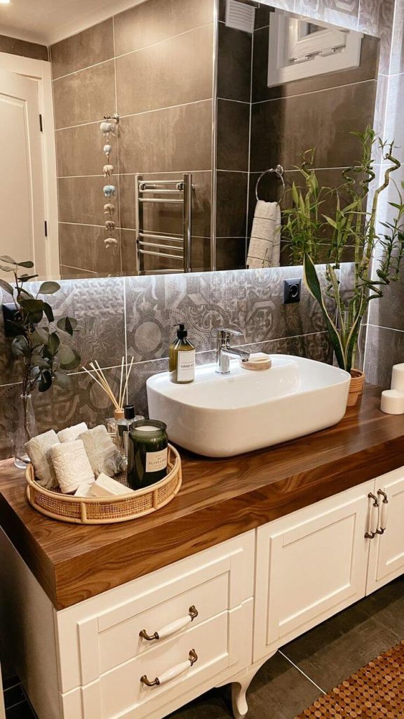 Rustic Modern Bathroom Counter with Wooden Elements