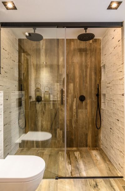 Rustic Modern Shower with Wooden Textures