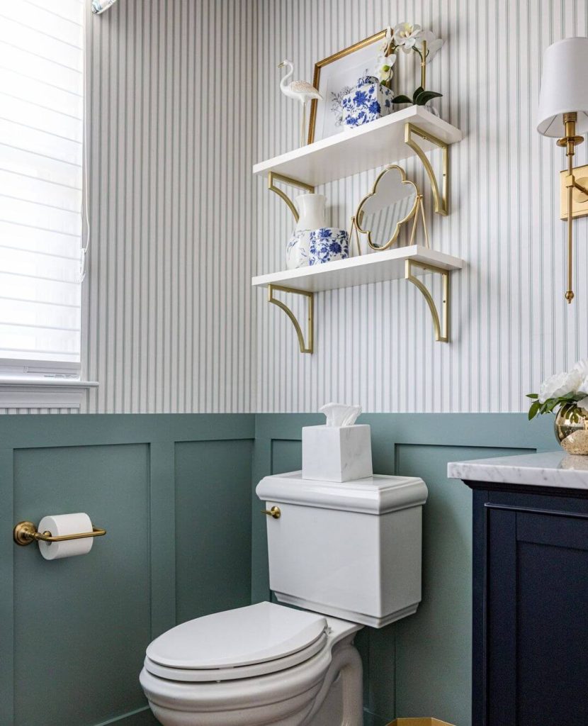 Sage Green Wainscoting Paired with Striped Wallpaper