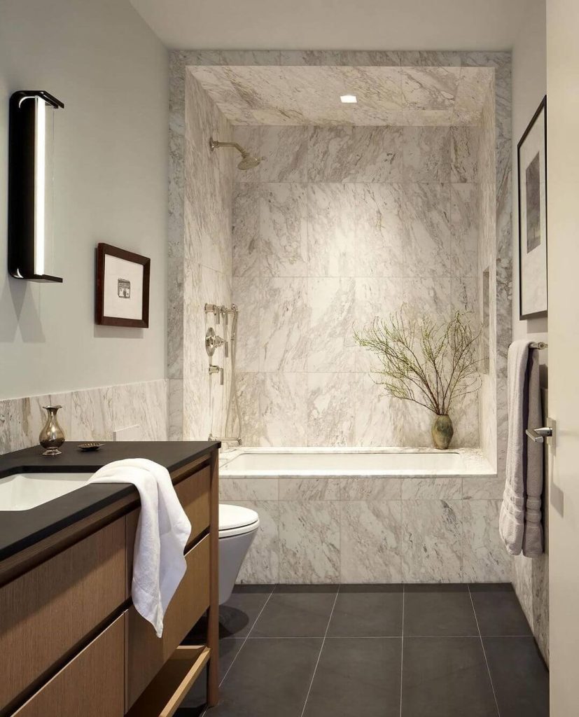 Small Guest Bathroom with Marble Shower Nook