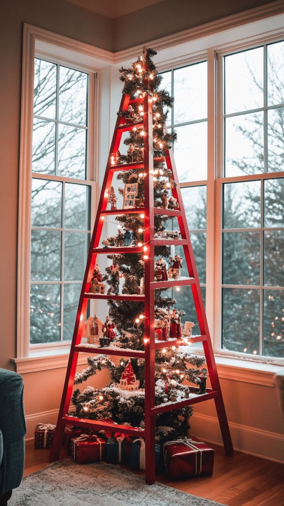 Snowy Ladder Display with Warm Lighting