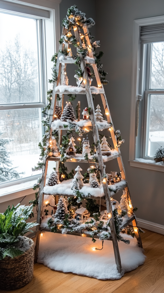 Snowy Miniature Christmas Village on a Ladder