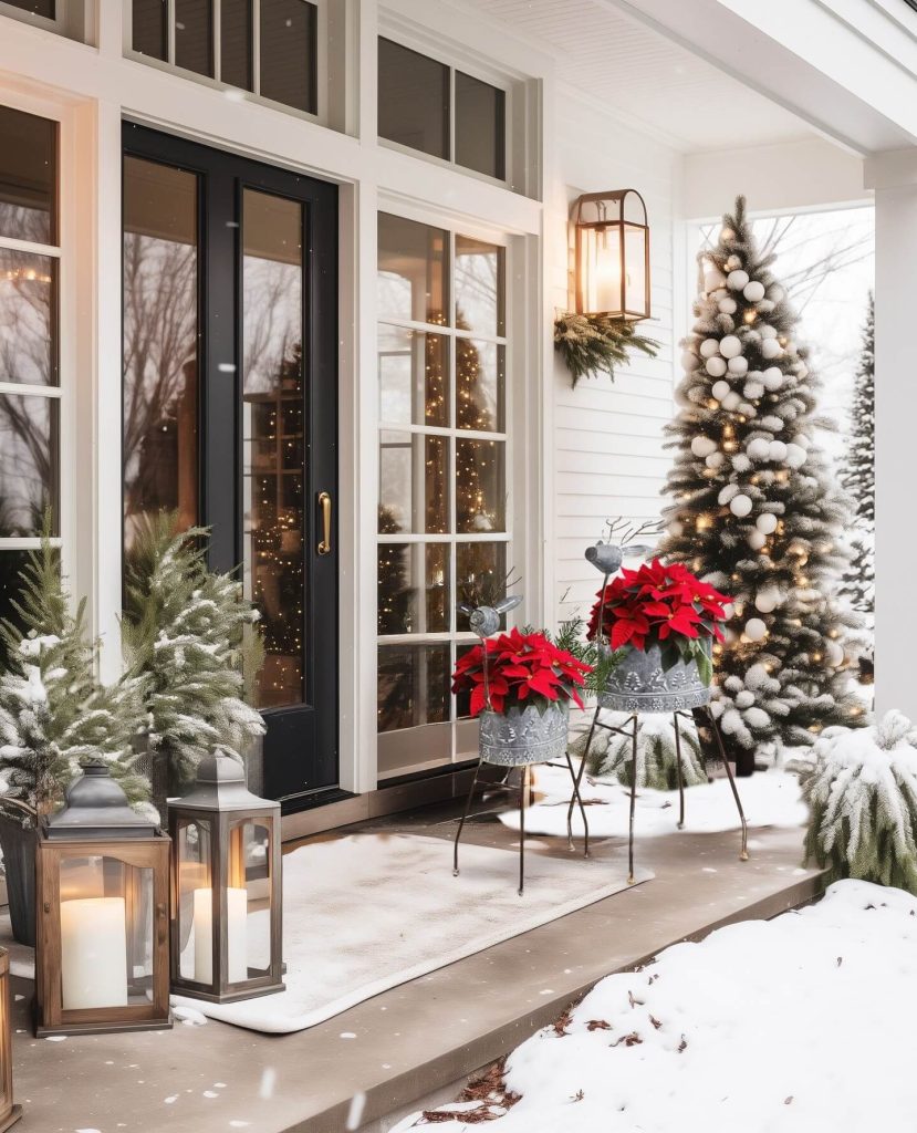 Snowy Porch with Festive Red Poinsettias