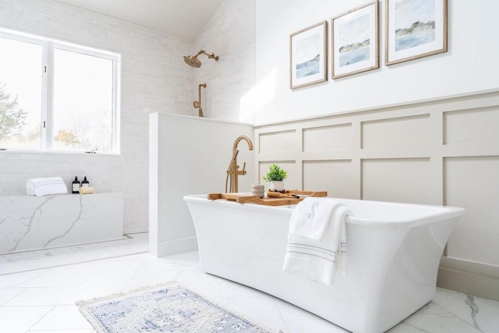 Soft Beige Wainscoting in a Bright Spa-Like Bathroom