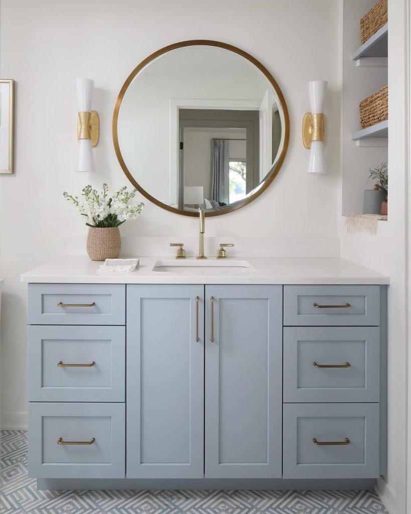 Soft Blue Vanity with Round Mirror