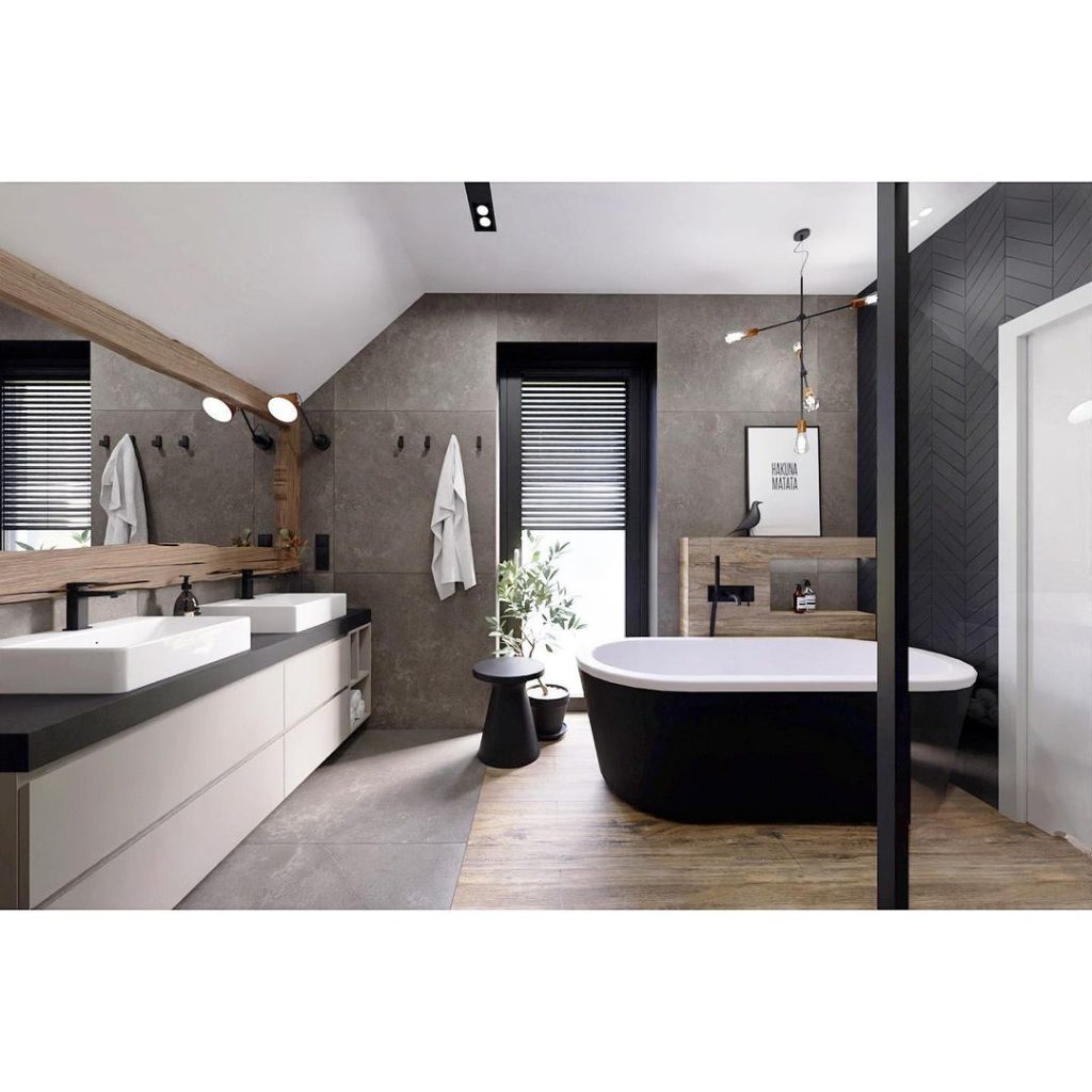 Spacious Industrial Bathroom with Wood Accents