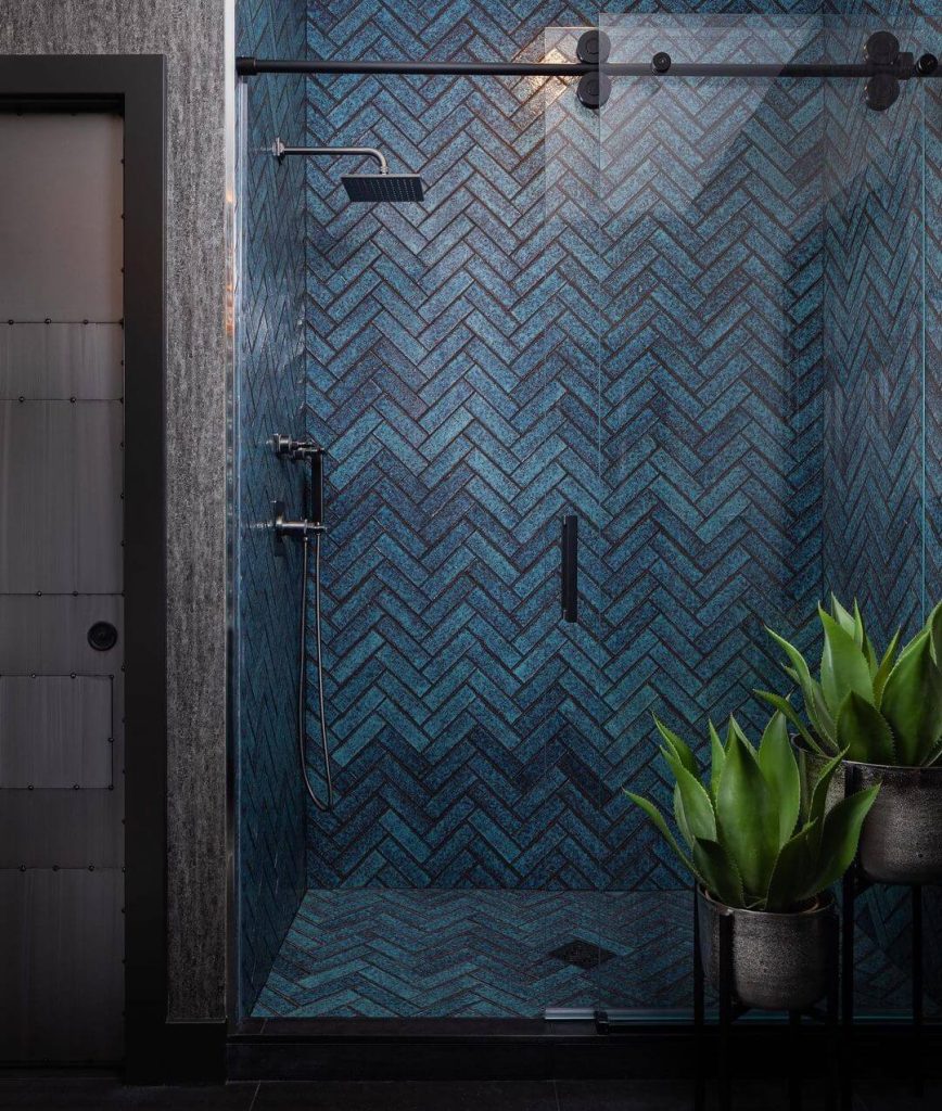 Striking Blue Herringbone Shower Tiles