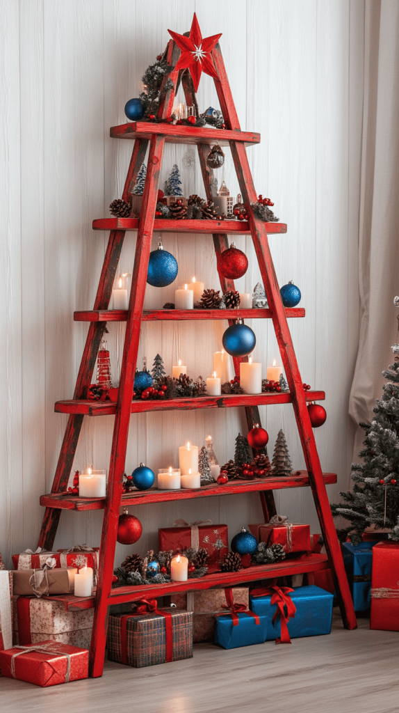 Tall Rustic Ladder with Layered Christmas Decor