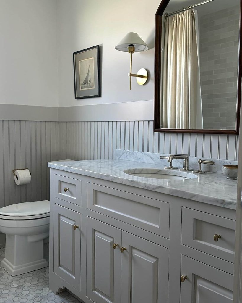 Traditional Beadboard Wainscoting with Marble Countertop